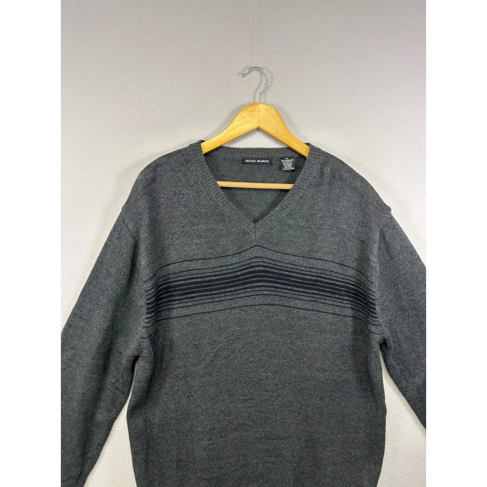 Classic Preppy Michael Brandon Mens XL Charcoal Grey V-Neck Striped Knit Sweater